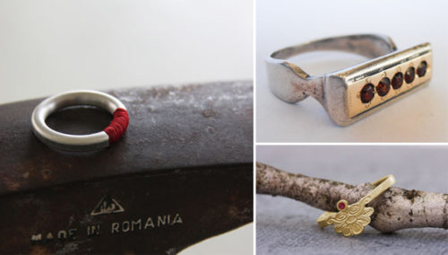 נקודה אדומה. טבעת אבני גרנט, YASMINA; טבעת רובי, אורית סוסנר; טבעת כסף-בטון-חוט אדום, הדס שחם